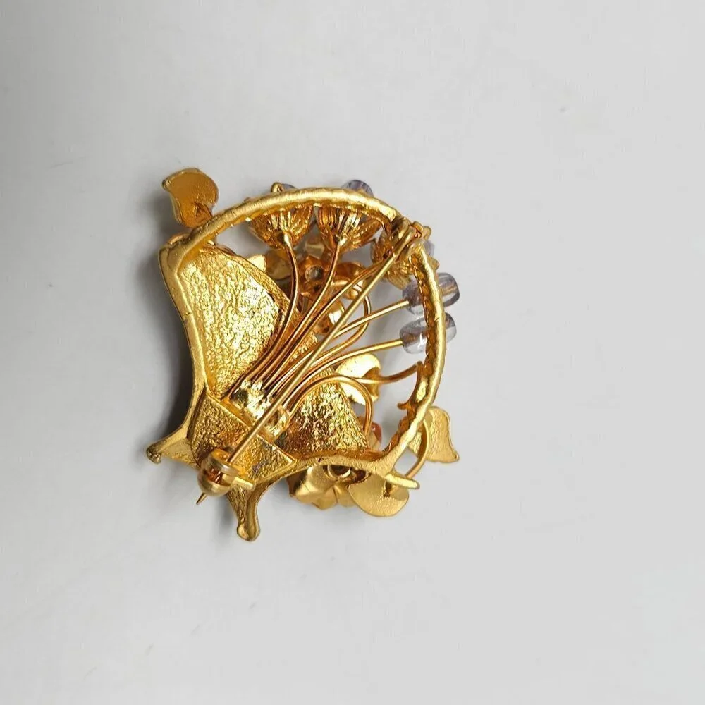 Vintage Floral Basket Brooch With Rhinestone Accents Enamel Details